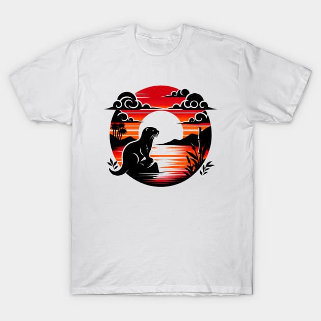 Aquatic Animal Vintage Sunset Cute Japanese Art Otter T-Shirt by Willie Biz Merch